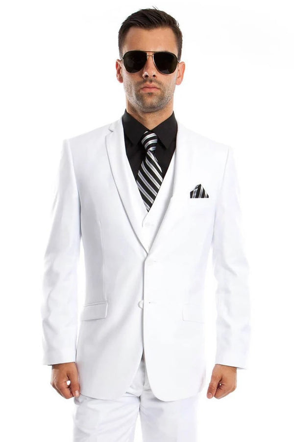 White Wedding Suit For Men - Perfect For Groom - Men's Two Button Slim Fit Basic Vested Wedding Suit In White