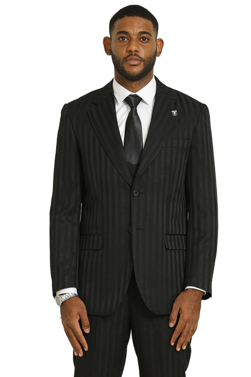 Men's Stacy Adams Modern Fit Vested Suit in Black Tonal Shadow Pinstripe