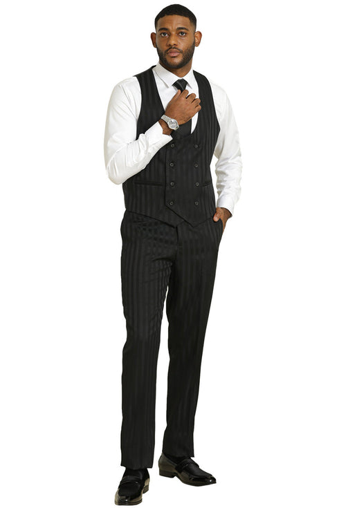 Men's Stacy Adams Modern Fit Vested Suit in Black Tonal Shadow Pinstripe