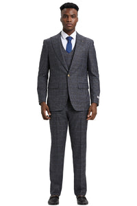 Men's Stacy Adam's One Button Vested Peak Lapel Business Suit in Charcoal Grey Plaid