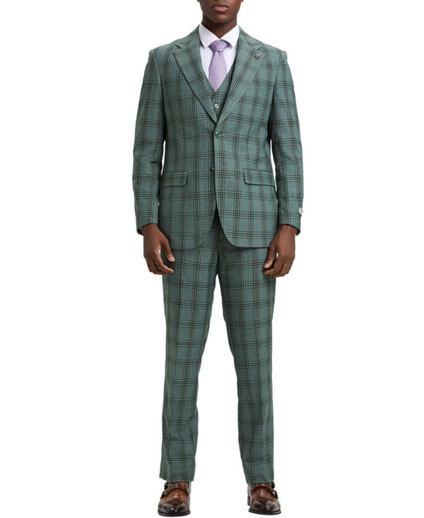 Stacy Adams - Hybrid Fit Plaid 3 Piece Green Suit