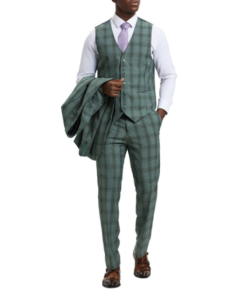 Stacy Adams - Hybrid Fit Plaid 3 Piece Green Suit