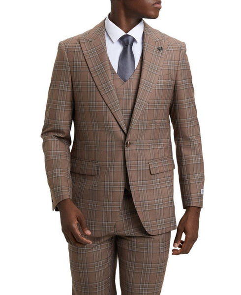 Stacy Adams - Brown 3 Piece 2 Button Plaid Peak Lapel Suit