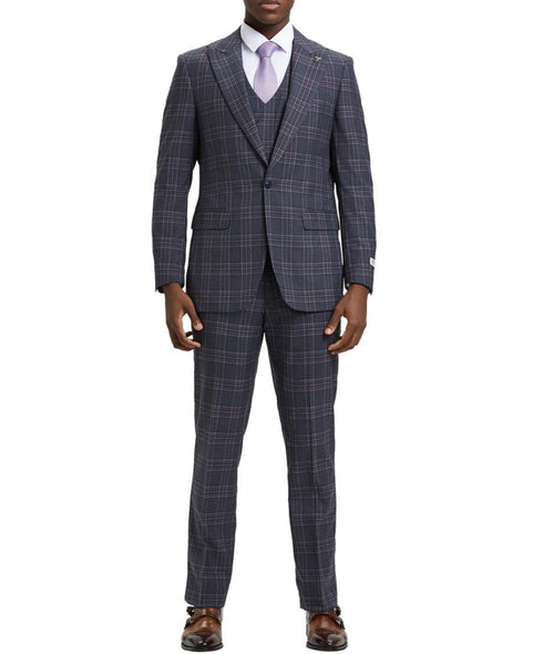 Stacy Adams - Grey 3 Piece 2 Button Plaid Peak Lapel Suit