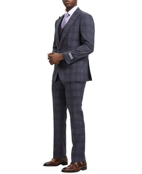 Stacy Adams - Grey 3 Piece 2 Button Plaid Peak Lapel Suit