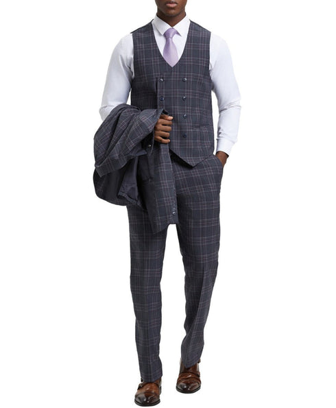 Stacy Adams - Grey 3 Piece 2 Button Plaid Peak Lapel Suit