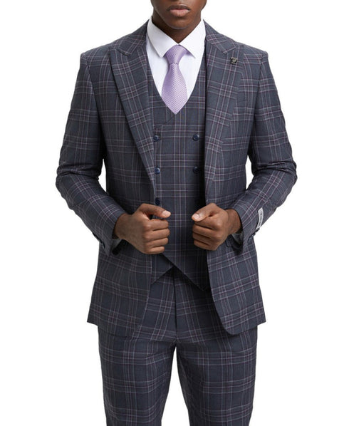 Stacy Adams - Grey 3 Piece 2 Button Plaid Peak Lapel Suit