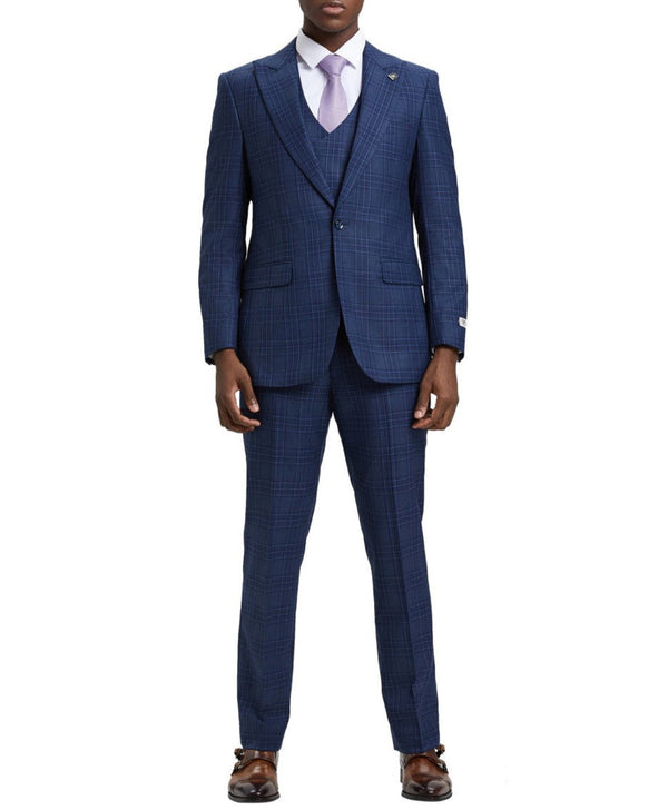 Stacy Adams - Blue 3 Piece 2 Button Plaid Peak Lapel Suit