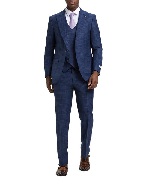 Stacy Adams - Blue 3 Piece 2 Button Plaid Peak Lapel Suit