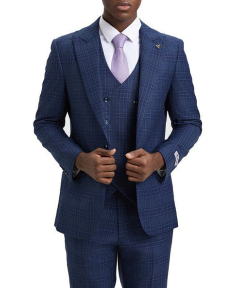 Stacy Adams - Blue 3 Piece 2 Button Plaid Peak Lapel Suit