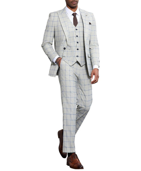 Stacy Adams - 3 Piece Windowpane Suit Hybrid Fit in Light Grey