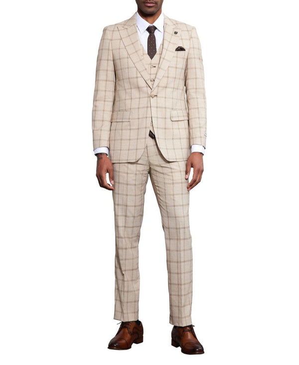 Stacy Adams - 3 Piece Windowpane Suit Hybrid Fit in Tan