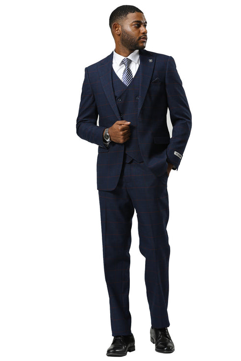 Men's Stacy Adams One Button Peak Lapel Suit With Double Breasted Vest in Navy Glen Plaid