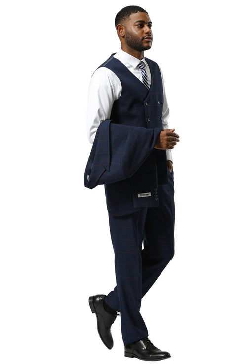 Men's Stacy Adams One Button Peak Lapel Suit With Double Breasted Vest in Navy Glen Plaid