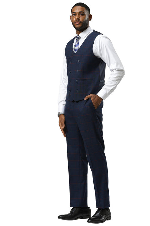 Men's Stacy Adams One Button Peak Lapel Suit With Double Breasted Vest in Navy Glen Plaid