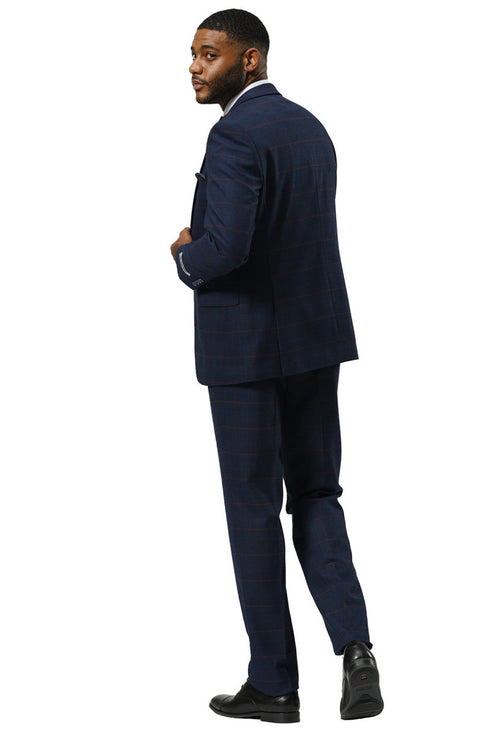 Men's Stacy Adams One Button Peak Lapel Suit With Double Breasted Vest in Navy Glen Plaid