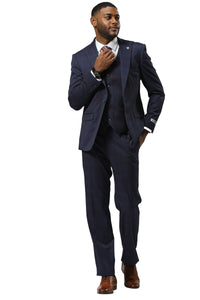 Men's Stacy Adams One Button Vested Peak Lapel Suit in Navy Glen Plaid