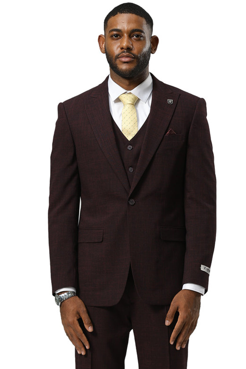 Men's Stacy Adams One Button Peak Lapel Vested Sharkskin Suit in Burgu ...