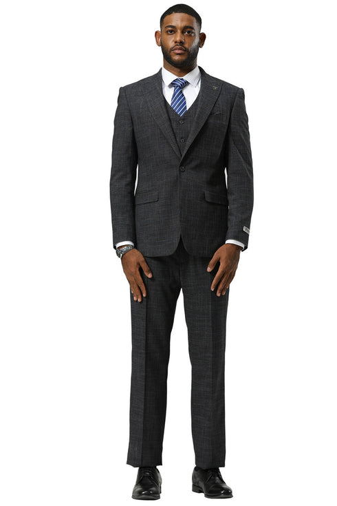 Men's Stacy Adams One Button Peak Lapel Vested Sharkskin Suit in Charcoal