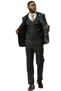 Men's Stacy Adams Modern Fit Vested Suit in Dark Hunter Green Double Windowpane Plaid