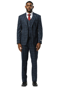 Men's Stacy Adams Modern Fit Vested Suit in Navy Blue Double Windowpane Plaid