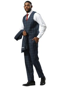 Men's Stacy Adams Modern Fit Vested Suit in Navy Blue Double Windowpane Plaid