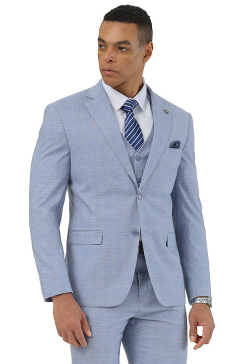 Men's Stacy Adams Two Button Vested Summer Suit in Light Blue Glen Plaid