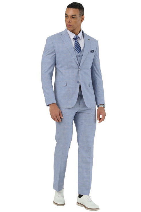 Men's Stacy Adams Two Button Vested Summer Suit in Light Blue Glen Plaid