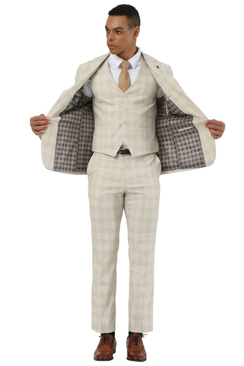 Men's Designer Stacy Adams Vested Glen Plaid Suit in Beige
