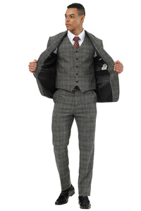 Men's Stacy Adams Two Button Wide Notch Lapel Vested Suit in Black Glen Plaid