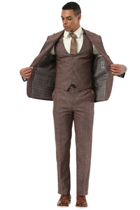 Men's Stacy Adams One Button Peak Lapel Vested Suit in Brown Sharkskin Windowpane