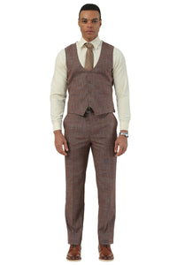 Men's Stacy Adams One Button Peak Lapel Vested Suit in Brown Sharkskin Windowpane