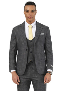 Men's Stacy Adams One Button Peak Lapel Vested Suit in Black Sharkskin Windowpane