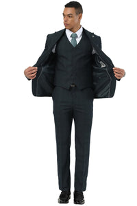 Men's Stacy Adams One Button Peak Lapel Vested Suit in Dark Hunter Green Plaid