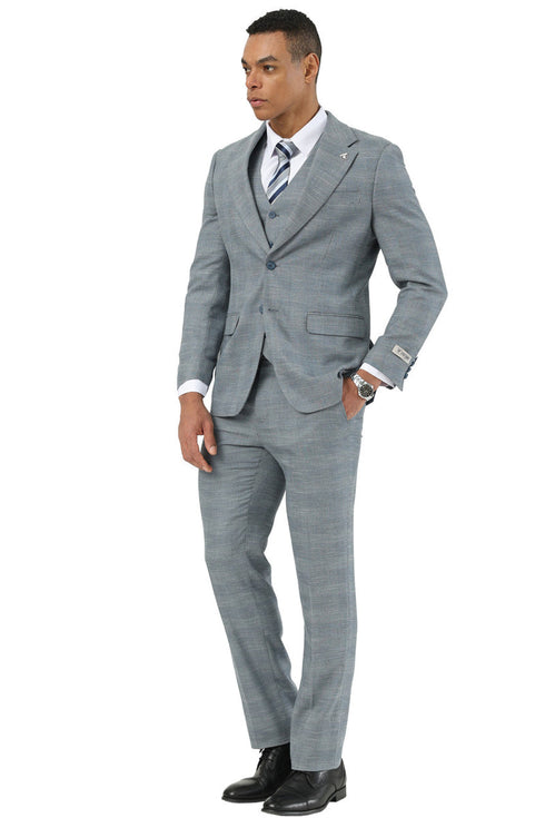 Men's Stacy Adams Vested Sharkskin Pattern Business Suit in Light Grey