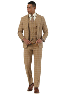Men's Stacy Adams One Button Vested Peak Lapel Suit in Taupe Plaid