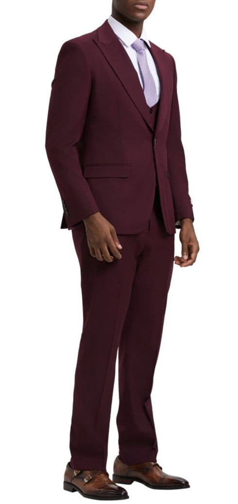 Stacy Adams - Burgundy 3 Piece Hybrid Fit Suit With Expandable Waist Band