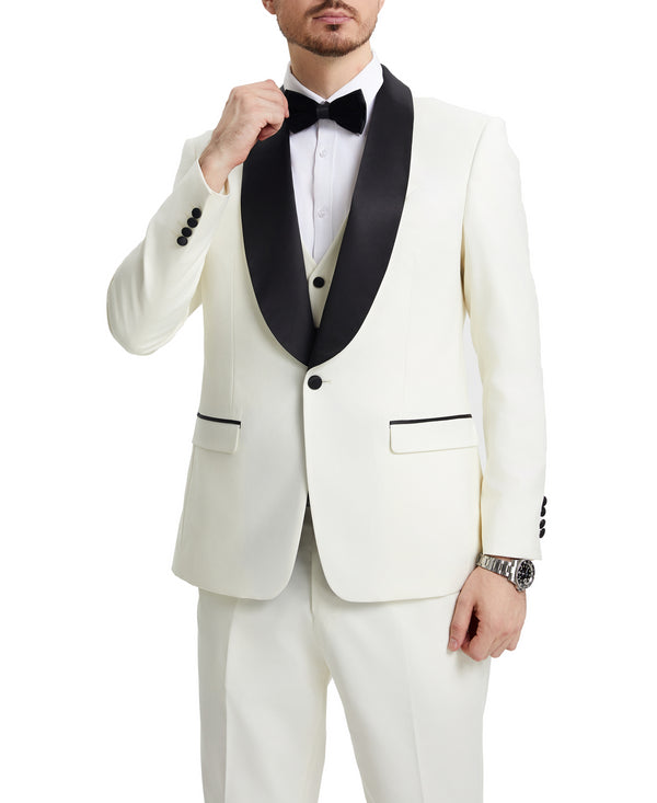 Stacy Adams - Ivory 3 Piece Hybrid Fit Tuxedo Satin Shawl Lapel