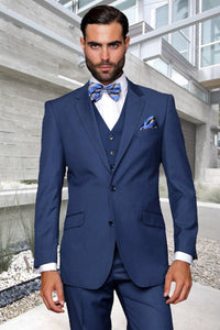 Men's Modern Fit Designer Vested Extra Long Wool Suit in Indigo Blue