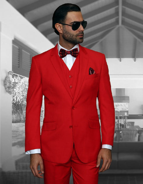 Mens 2 Button Modern Fit Vested Wool Suit in Red