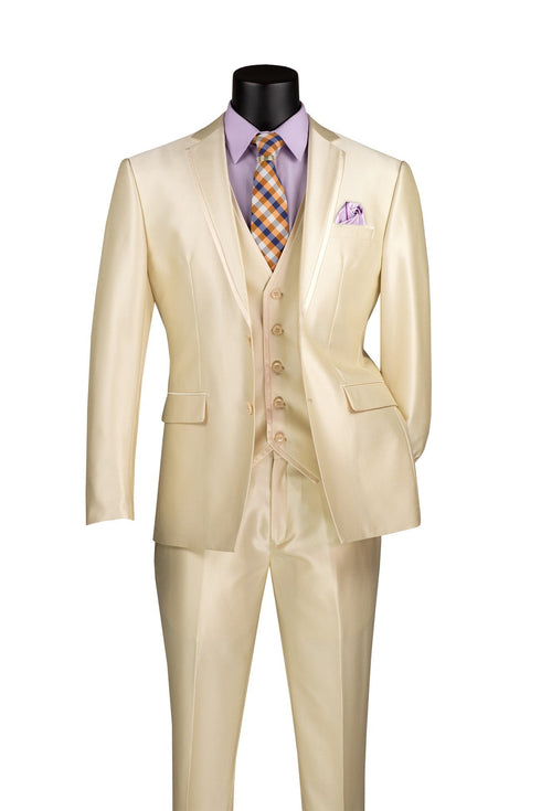 Slim Fit 3 Piece Satin Suit in Champagne Beige