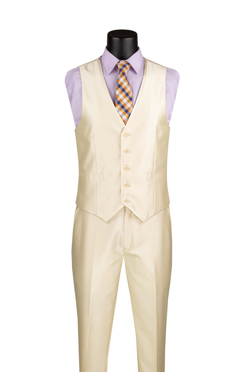 Slim Fit 3 Piece Satin Suit in Champagne Beige