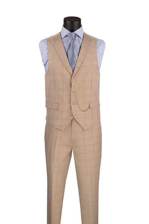 Slim Fit Suit Windowpane 3 Piece with Vest in Beige