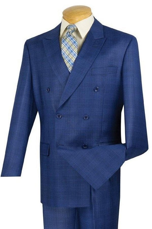 Mens Classic Wool Feel Double Breasted Glen Plaid Suit in Blue