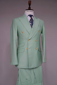Mens Sage Green Double-Breasted Suit with Gold Buttons – Formal Slim Fit 2-Piece Pistachio Color