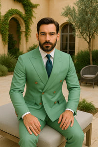 Mens Sage Green Double-Breasted Suits with Gold Button – Formal Slim Fit 2-Piece Pistachio Color