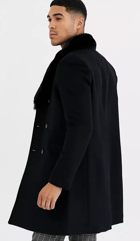 Mens Pea Coat With Fur Collar Coat - Wool and Cashmere Fabric Carcoat - Top Coat For Men black Color Overcoat