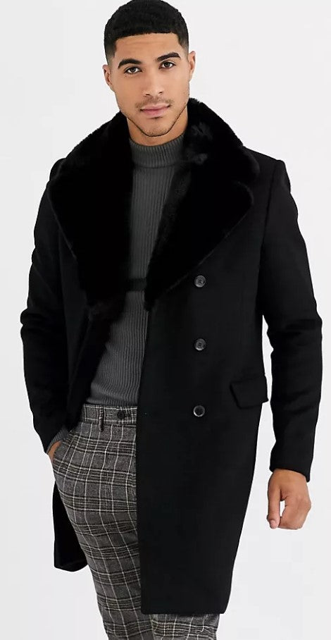 Mens Pea Coat With Fur Collar Coat - Wool and Cashmere Fabric Carcoat - Top Coat For Men black Color Overcoat