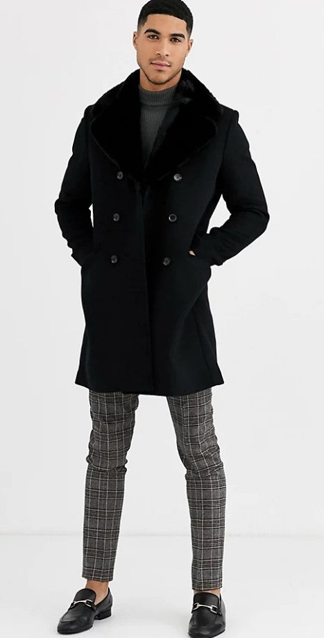 Mens Pea Coat With Fur Collar Coat - Wool and Cashmere Fabric Carcoat - Top Coat For Men black Color Overcoat