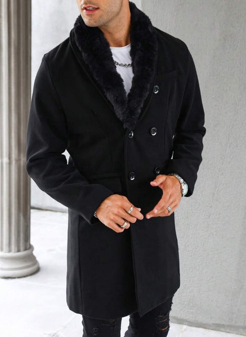 Mens Pea Coat With Fur Collar Coat - Wool and Cashmere Fabric Carcoat - Top Coat For Men black Color Overcoat